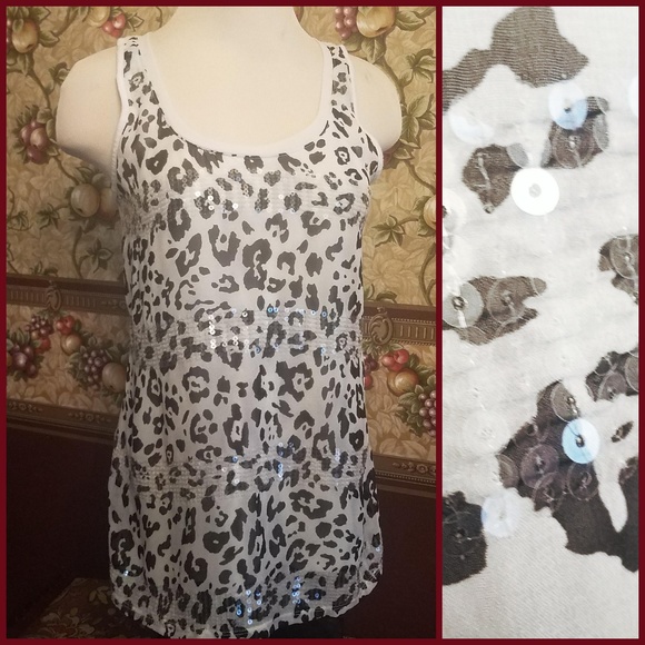 Express Sequin Striped Leopard Print Tank Top sz M - Picture 1 of 8